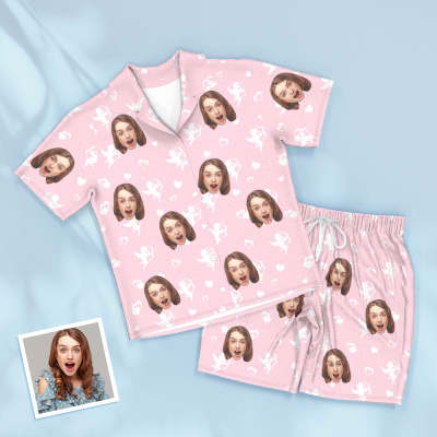 Custom Face Short Sleeved Pink Pajamas Personalized Photo Sleepwear Cupid Love Gifts