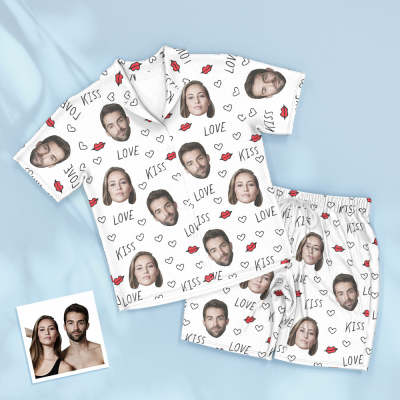Custom Couple Face Short Sleeved Pajamas Personalized Photo Sleepwear Women Men Love Gifts