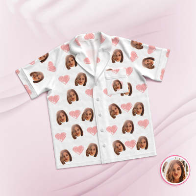 Custom Face Short Sleeved Pajamas Personalized Photo White Sleepwear Pink Heart Holiday Gifts