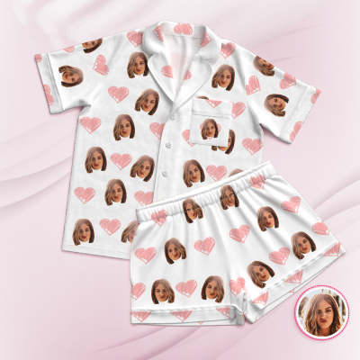 Custom Face Short Sleeved Pajamas Personalized Photo White Sleepwear Pink Heart Holiday Gifts