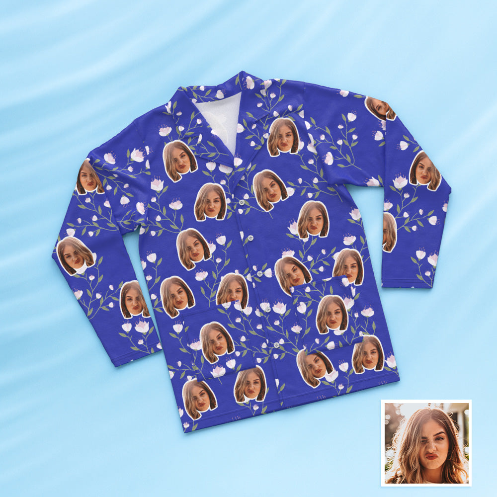 Custom Face Long Sleeve Button Down Sleepwear Personalized Photo Blue Pajamas Flowers Gift For Friends