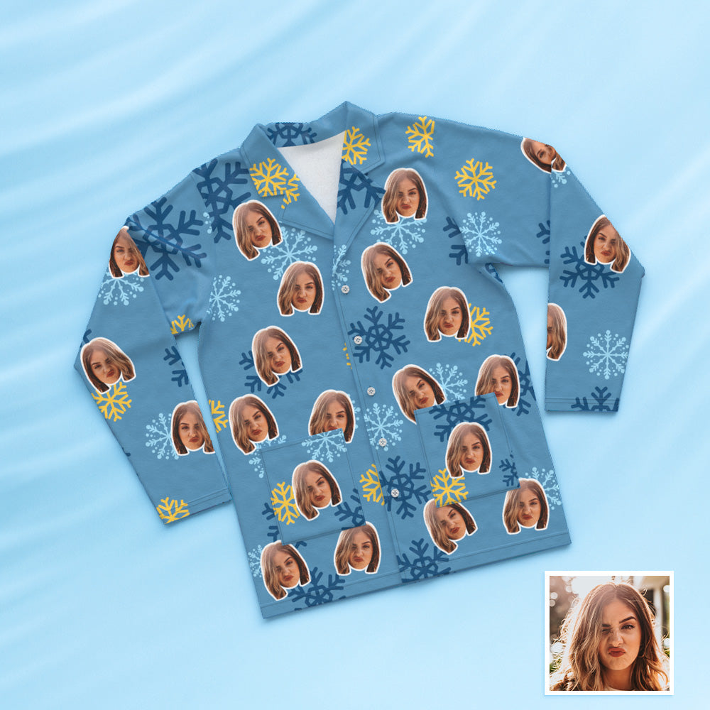 Custom Face Pajamas Sleepwear Personalized Photo Blue Pajamas Snowflake Gift For Friends