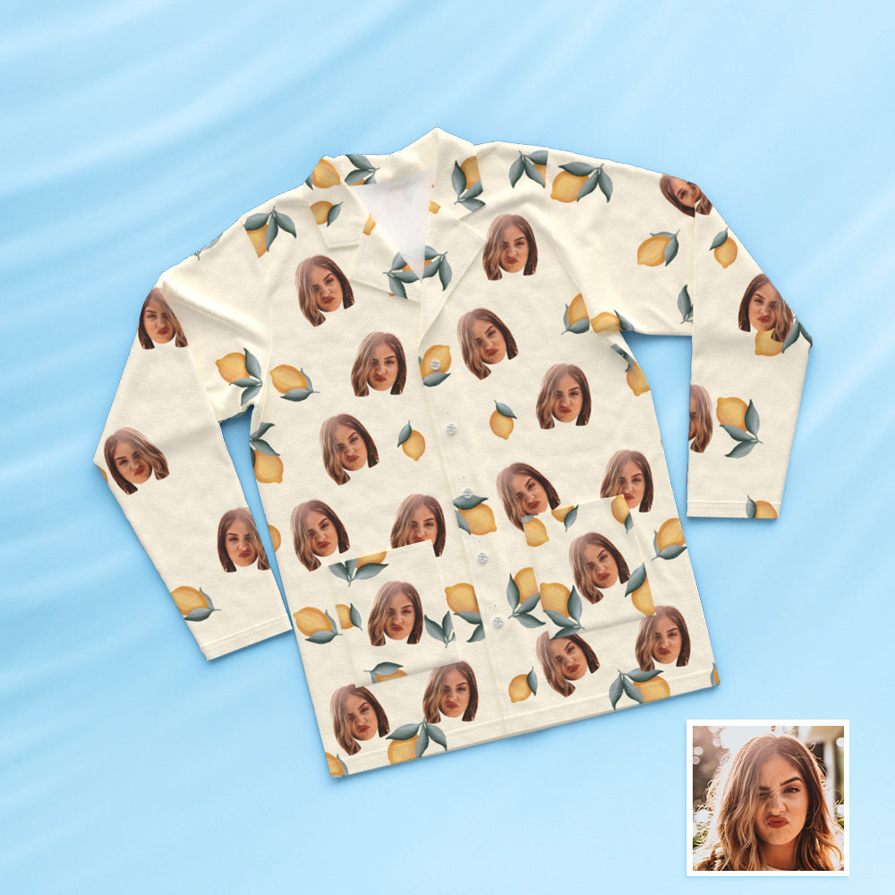 Custom Face Long Sleeve Button Down Sleepwear Personalized Photo Pajamas Lemon Floral Print Gift For Friends