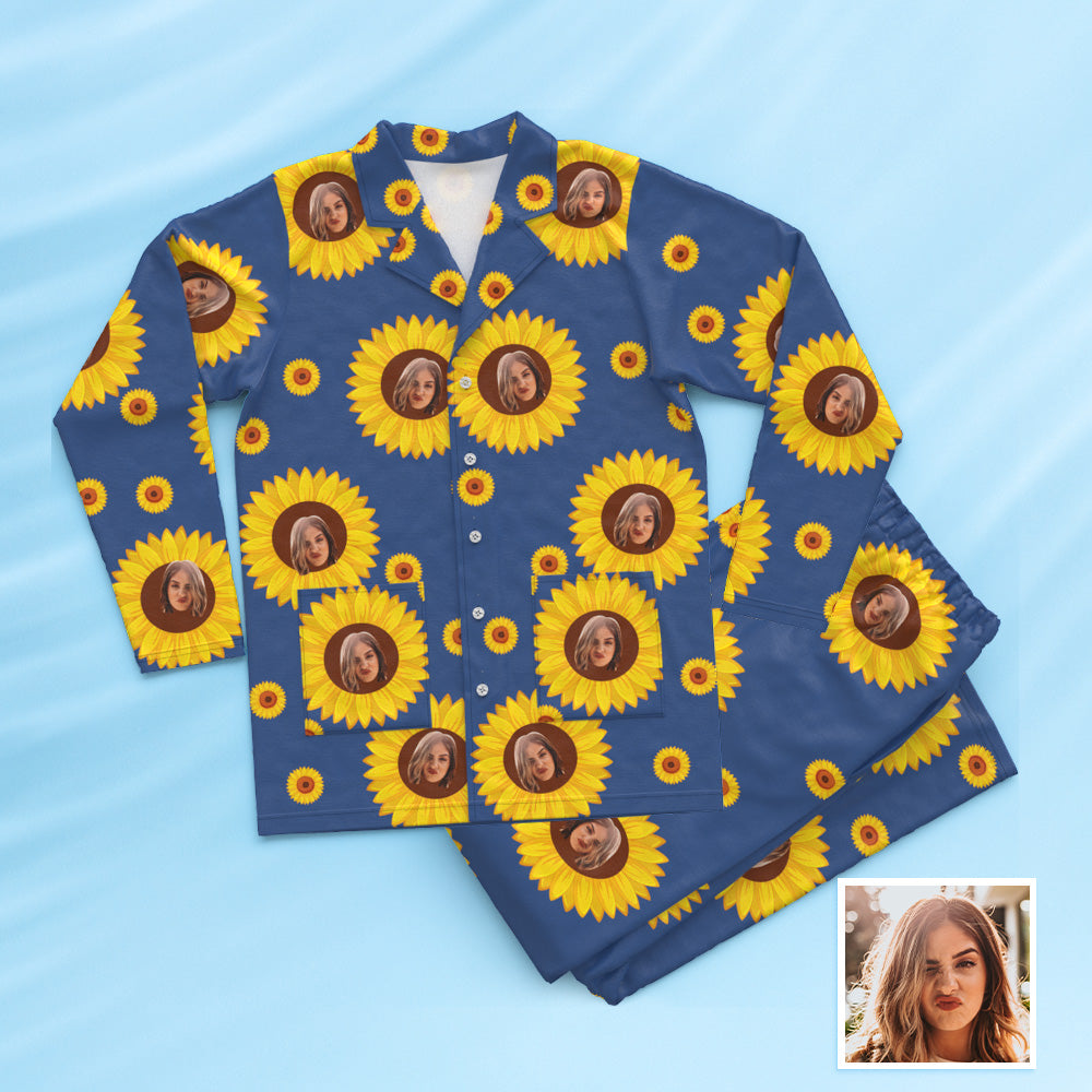 Custom Face Long Sleeve Button Down Sleepwear Personalized Photo Blue Pajamas Sunflowers Gift For Friends