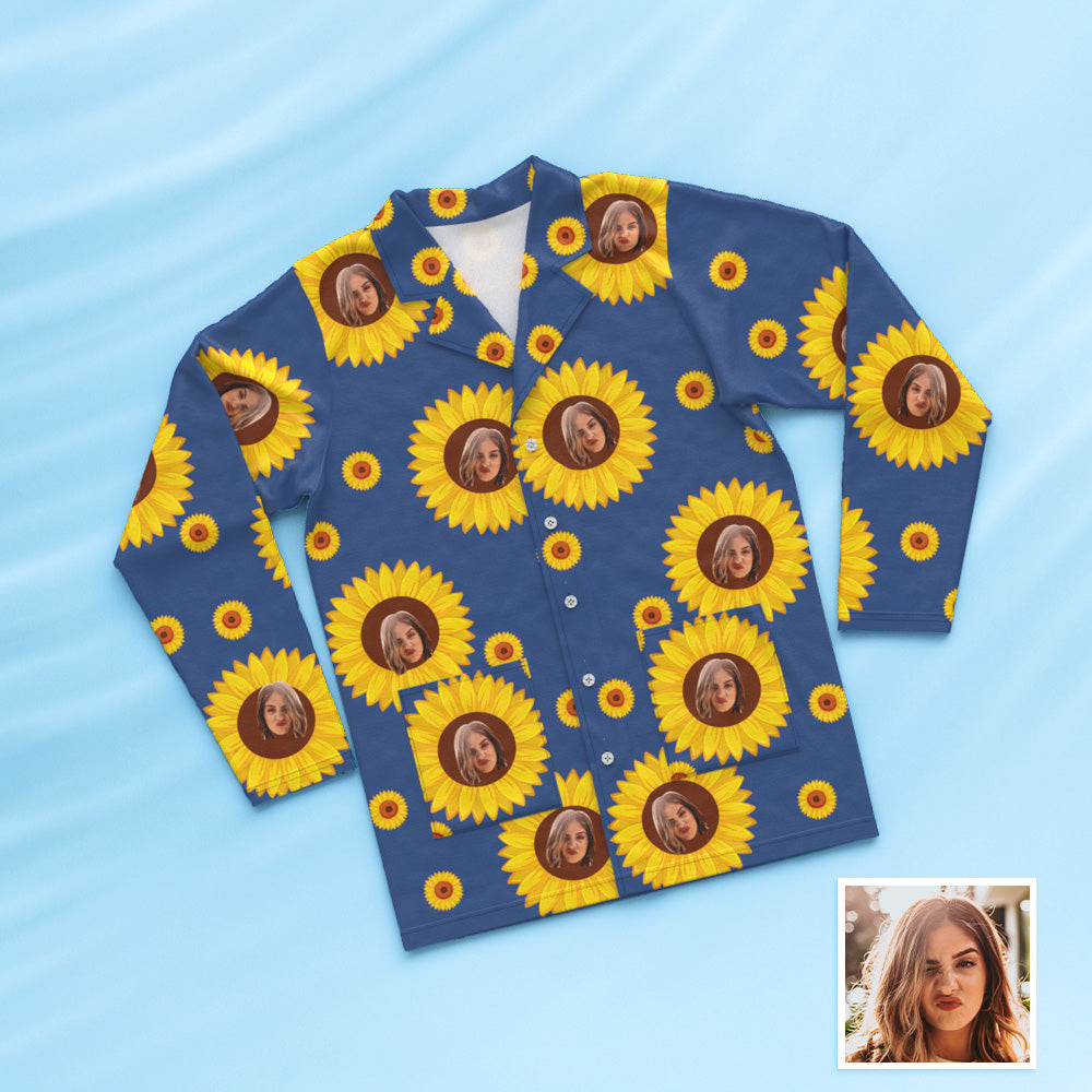 Custom Face Long Sleeve Button Down Sleepwear Personalized Photo Blue Pajamas Sunflowers Gift For Friends