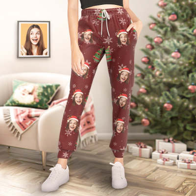 Custom Face Christmas Sweatpants Trousers Red Personalized Unisex Joggers Funny Christmas Gift