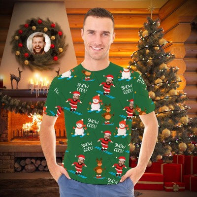 Custom Face Men's T-shirt Personalized Photo Green Santa T-shirt - Snow Cool