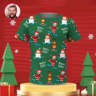 Custom Face Men's T-shirt Personalized Photo Green Santa T-shirt - Snow Cool