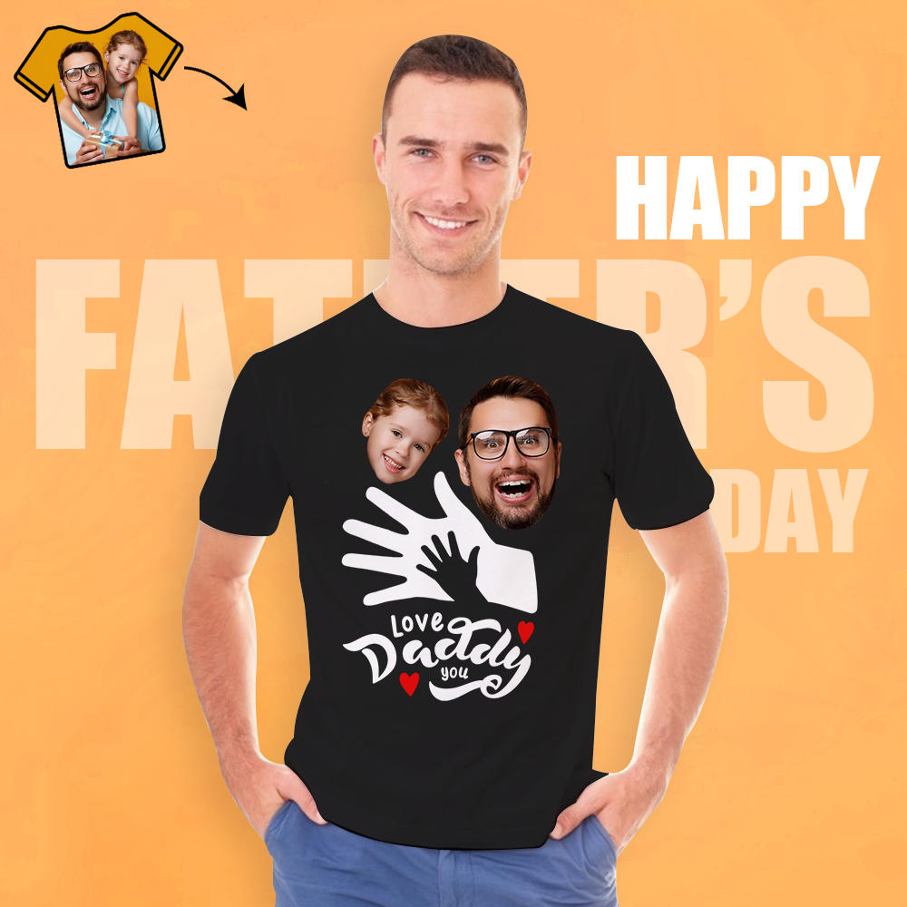 Custom Face Shirt Gifts For Love Daddy Men's Cotton T-shirt Big Hand Holding Small Hand
