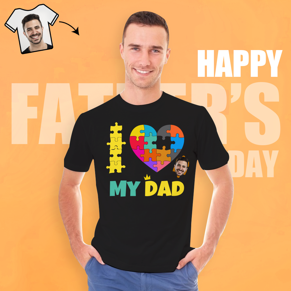 Custom Face Shirt I Love My Dad Personalised Puzzle Heart Men's Cotton T-shirt