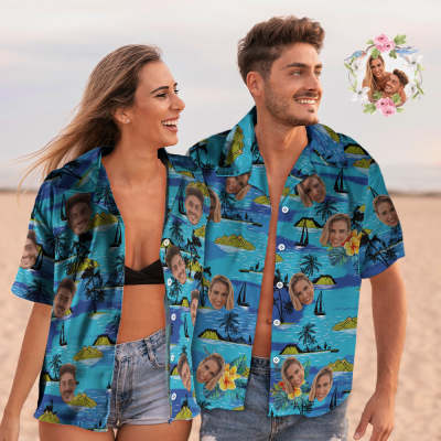 Custom Face Couple Matching Hawaiian Shirts Mountains Valentine's Day Gift
