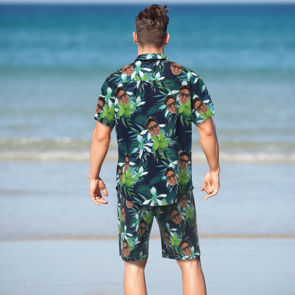 Custom Face Hawaiian Shirt And Beach Shorts Personalized Men's Photo Tropical Leaves Vacation Party Gift