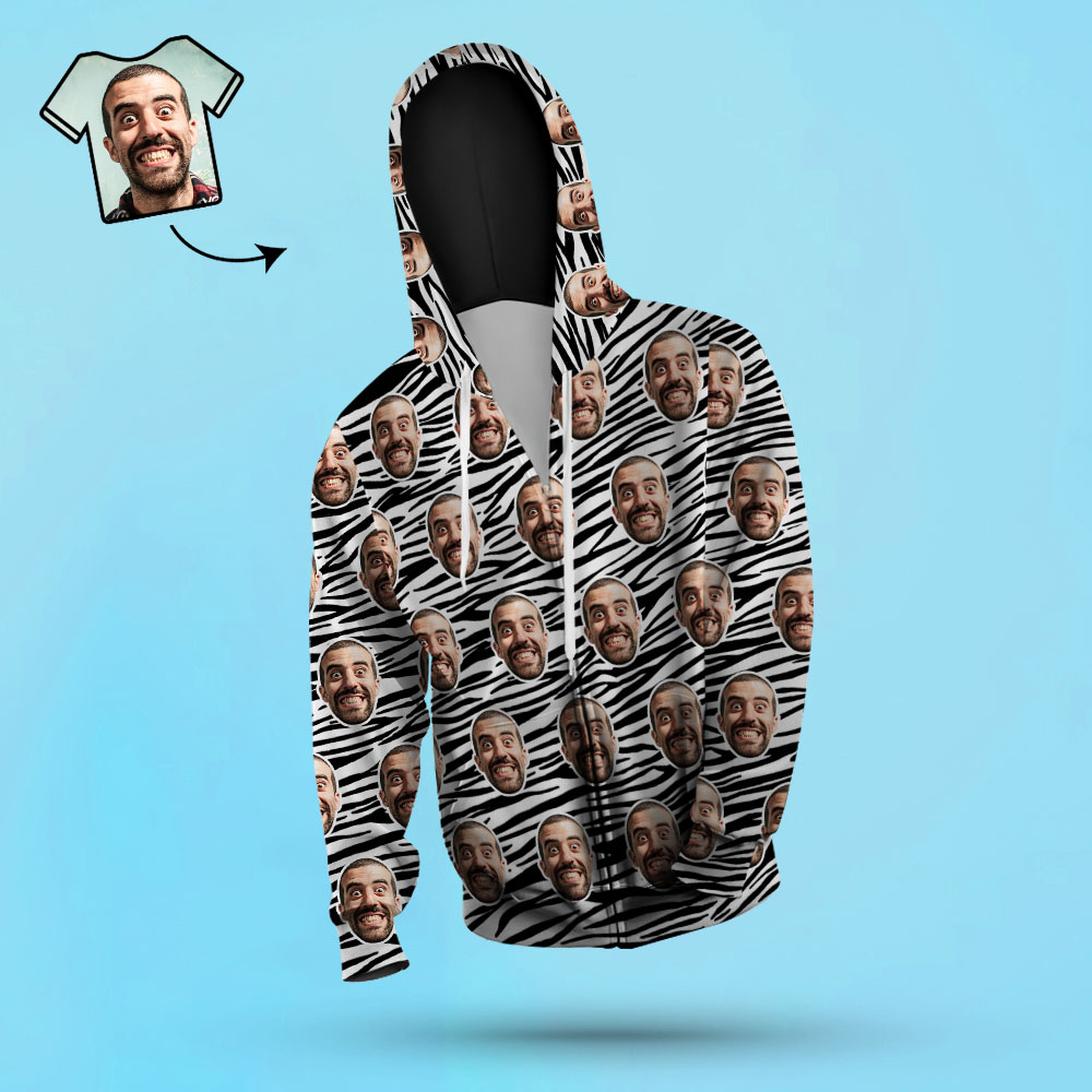 Custom Face Unisex Hoodie Casual Printed Photo ZIP Hoodie For Men Women - Zebra Stripes