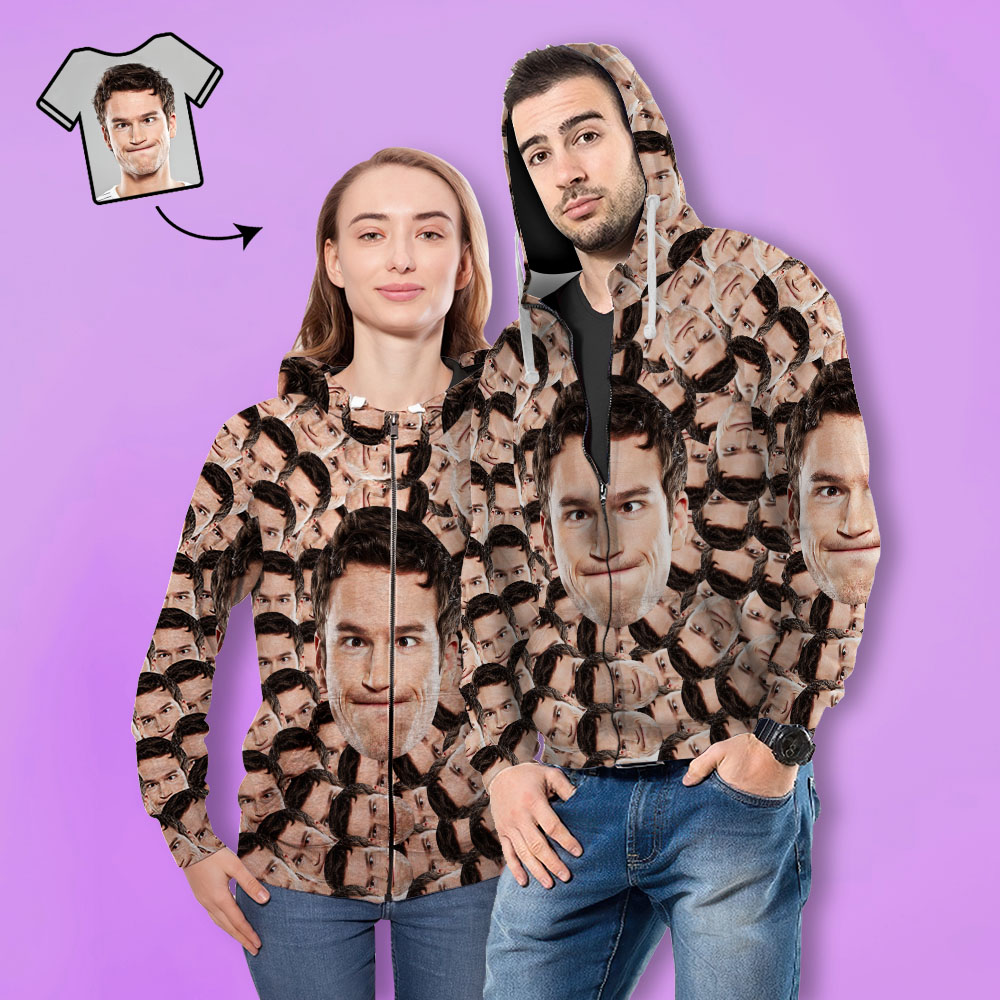 Custom Face Unisex Hoodie Casual Printed Photo ZIP Hoodie For Men Women - Big Face
