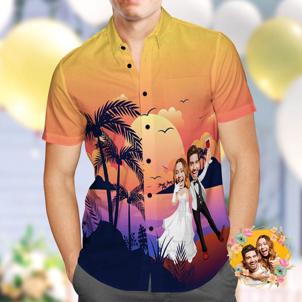 Custom Photo Hawaiian Shirt Personalized Sunset and Coconut Grove Wedding Hawaiian Shirt