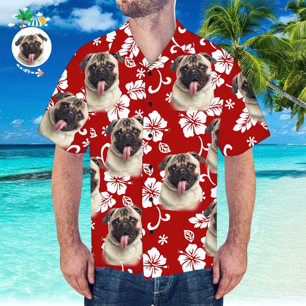 Personalized Hawaiian Shirt with Dog Face Pet Face Customize Cat Bird  Elegant Jungle Tropical Flowers Trees Hawaiian Shirts Aloha Hawaii Summer  Beach