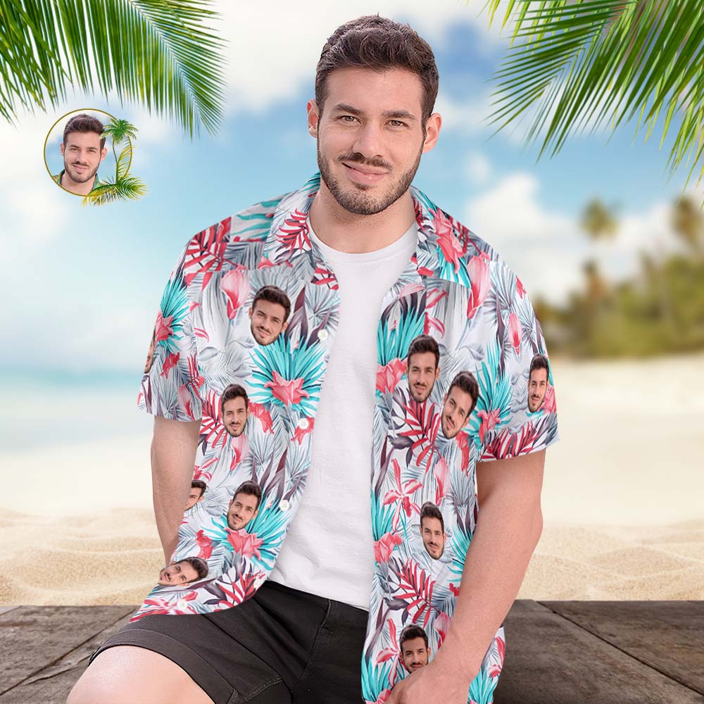 Custom Face Hawaiian Shirt Tropical Green Leaves Men's Popular All Over ...