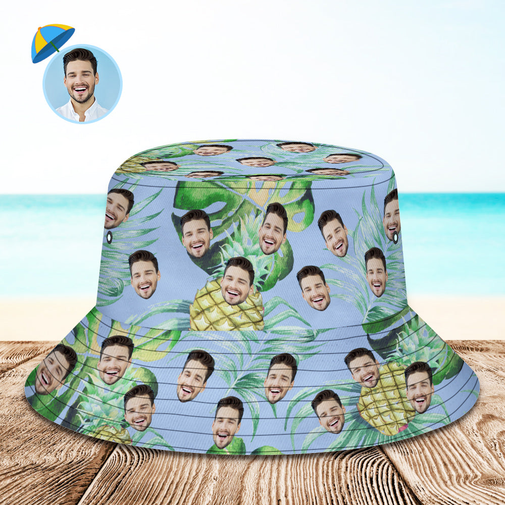 Custom Face Bucket Hat Personalized Green Leaves Print Blue Hawaiian Fisherman Hat