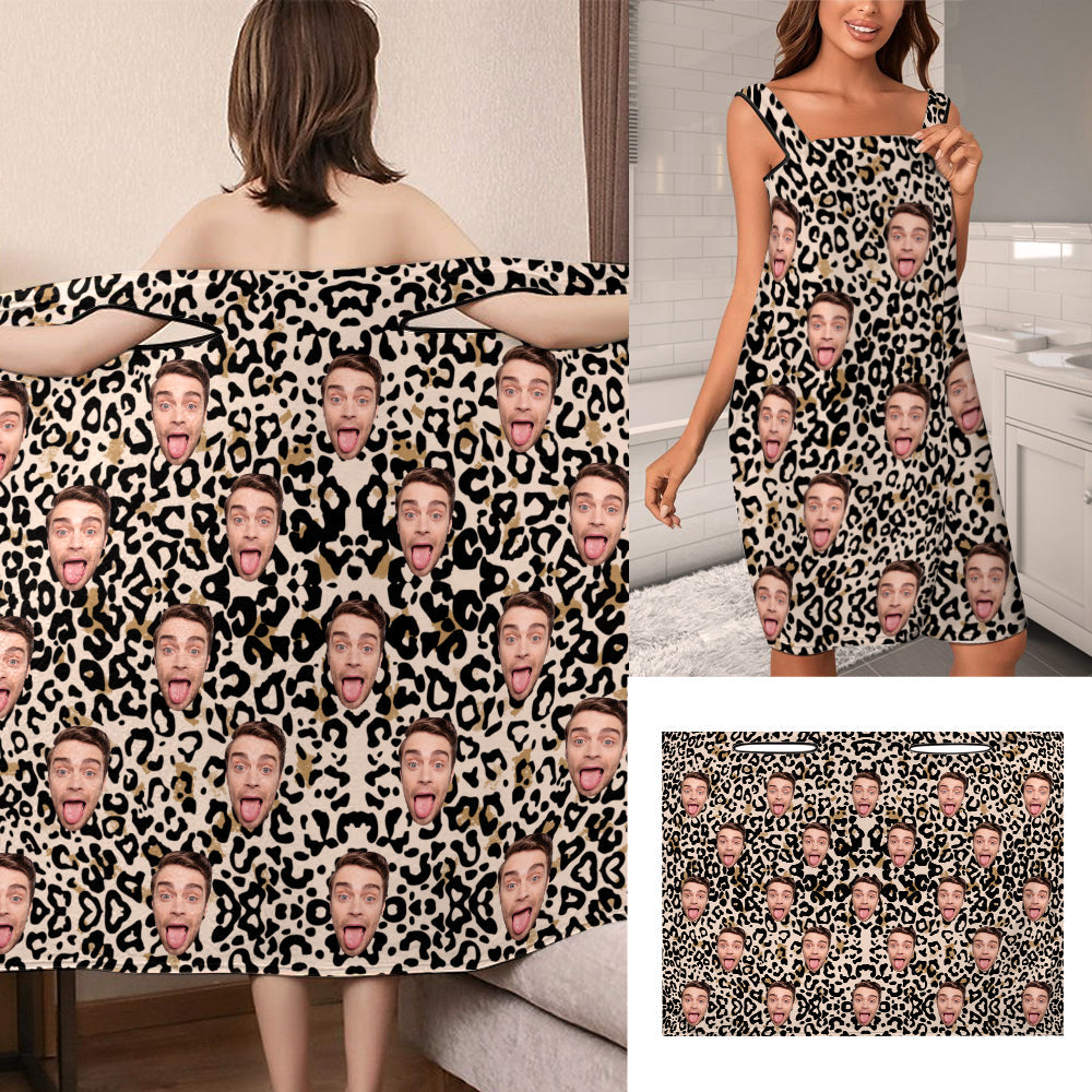 Custom Face Wrap Towel Dress Leopard Print Bathrobe Bath Towel Wrap - MyFaceTshirt