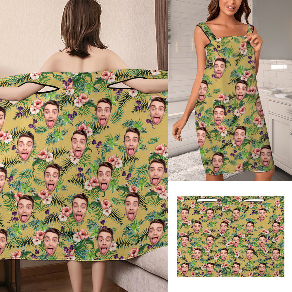 Custom Face Wrap Towel Dress Yellow Hawaiian Style Bathrobe Bath Towel Wrap - MyFaceTshirt
