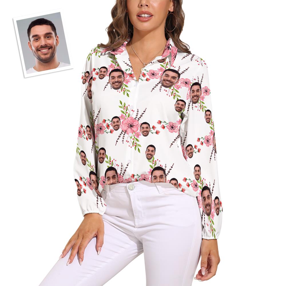 Custom Face Shirts Pink Flowers Casual Long Sleeves Hawaiian Shirts for Women