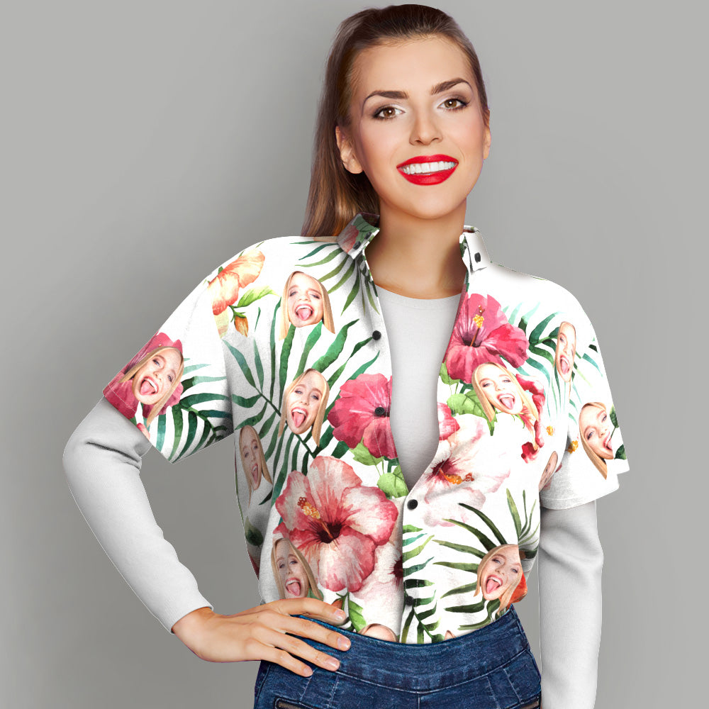 Custom Face Shirt Women's All Over Print Hawaiian Shirt Flowers for Gift