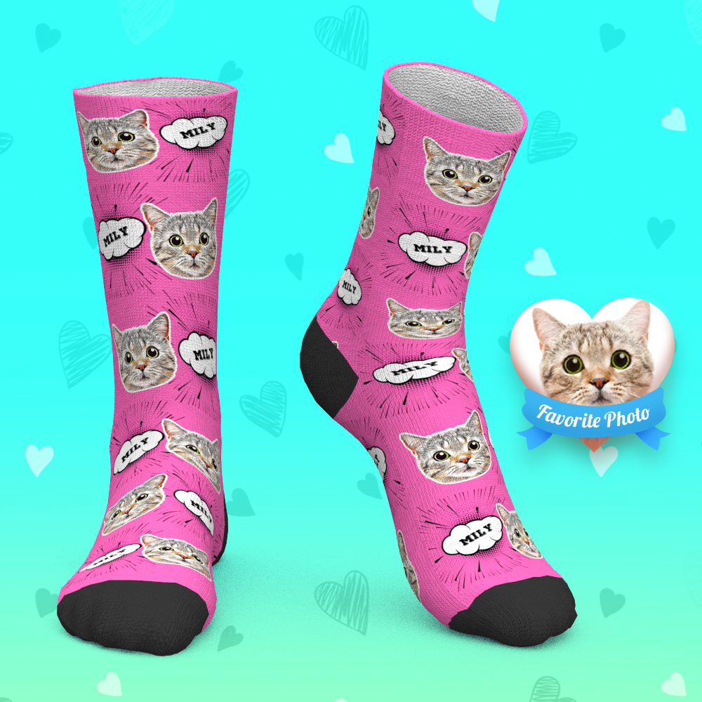Custom Socks Personalized Face Socks Add Pictures And Name - Comic Style Cat