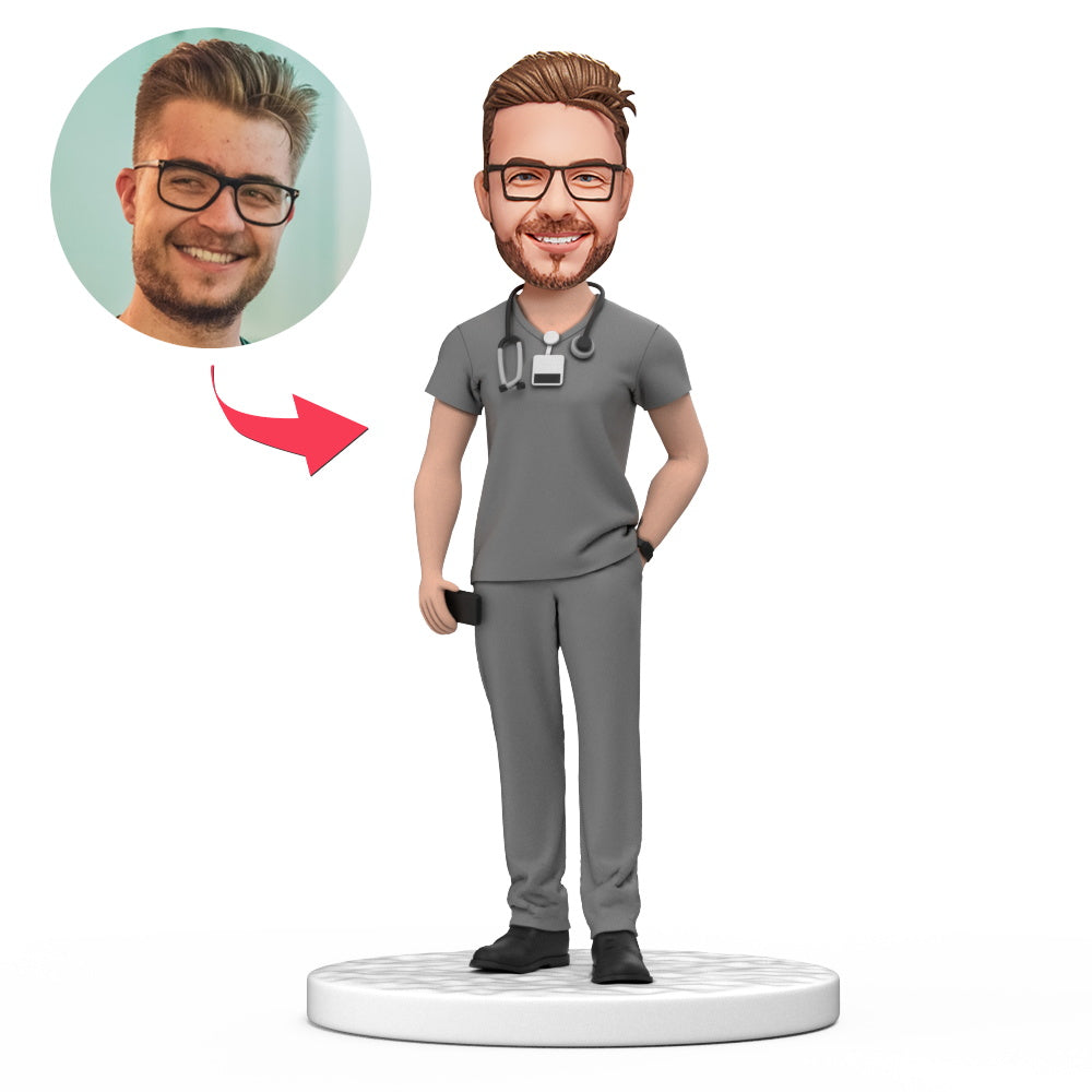 Custom Male Doctor Bobblehead in Grey Scrubs with Engraved Text Nation