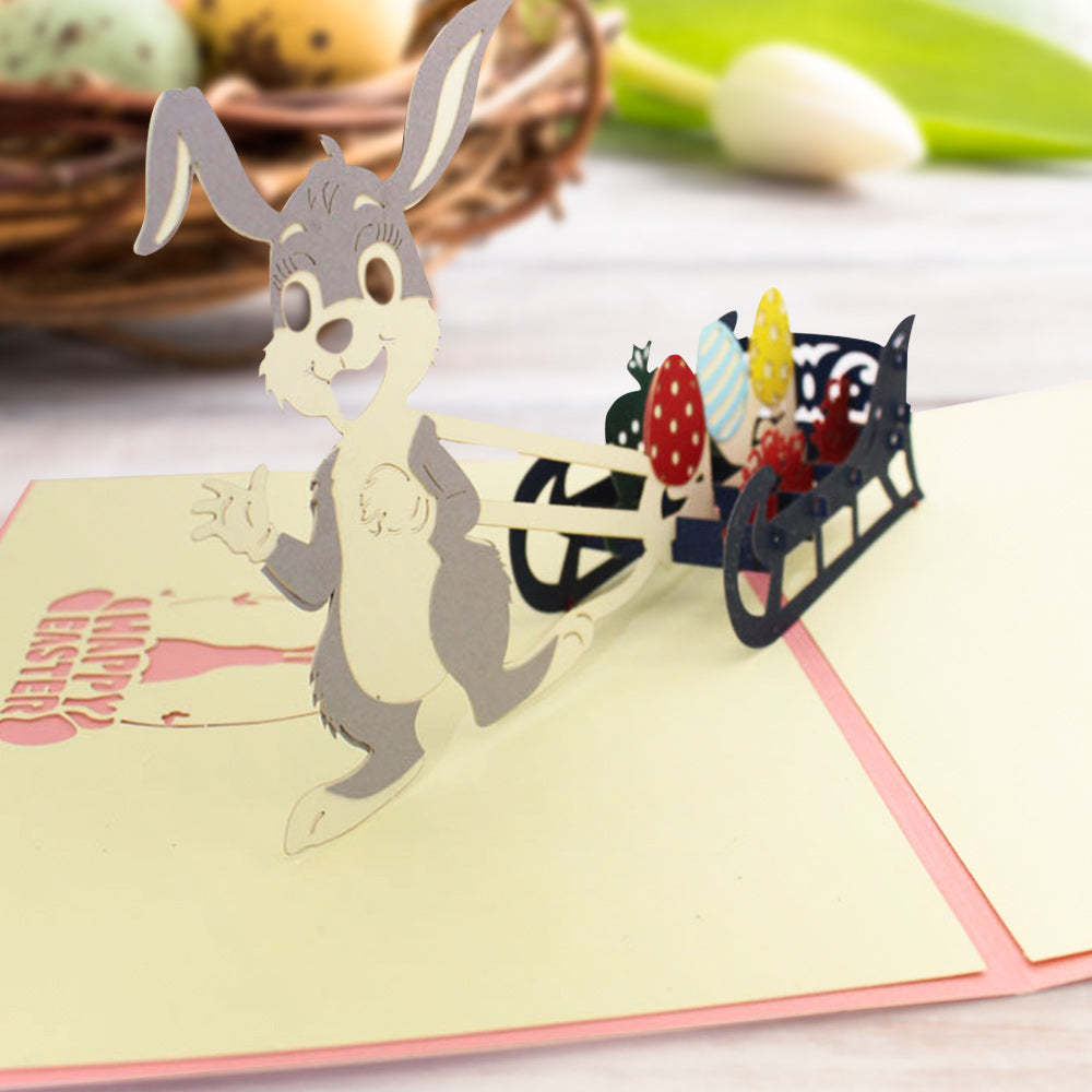 Easter Card Rabbit Pulling Easter Eggs 3D Pop Up Greeting Card