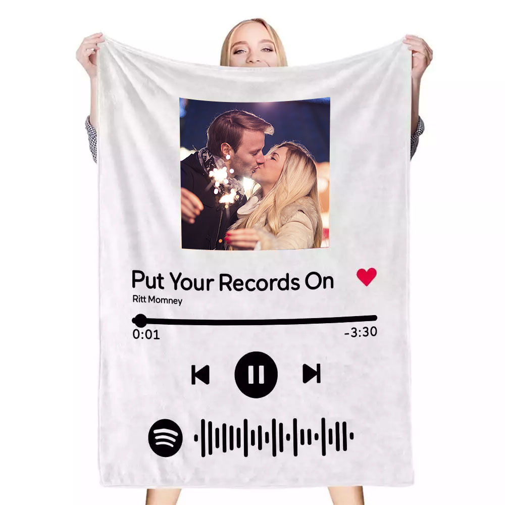 Custom Spotify Code Music Blanket Personalized Photo Fleece Blanket Christmas Gifts