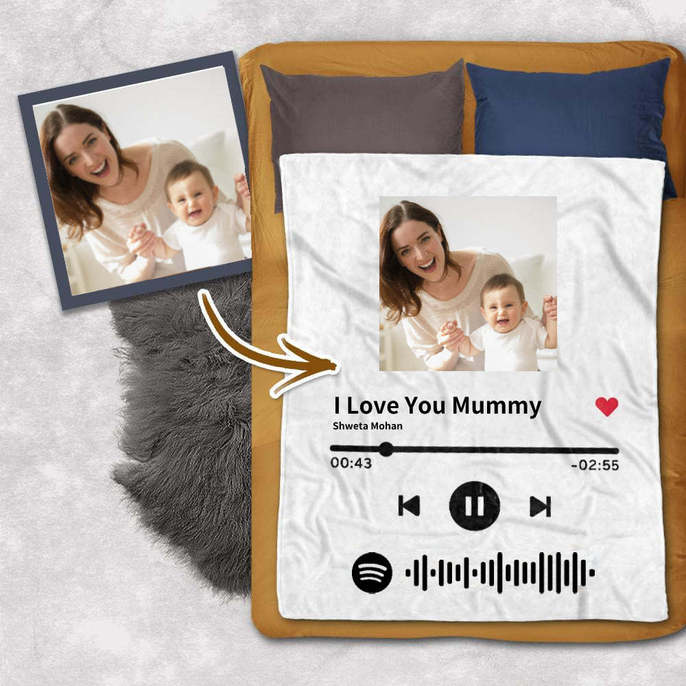 Custom Scannable Spotify Code Music Blanket Personalized Photo Fleece Blankets White Mother's Day Gift