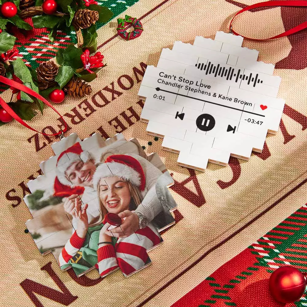 Christmas Ornament Custom Music Code Round Photo Block Personalized Building Brick