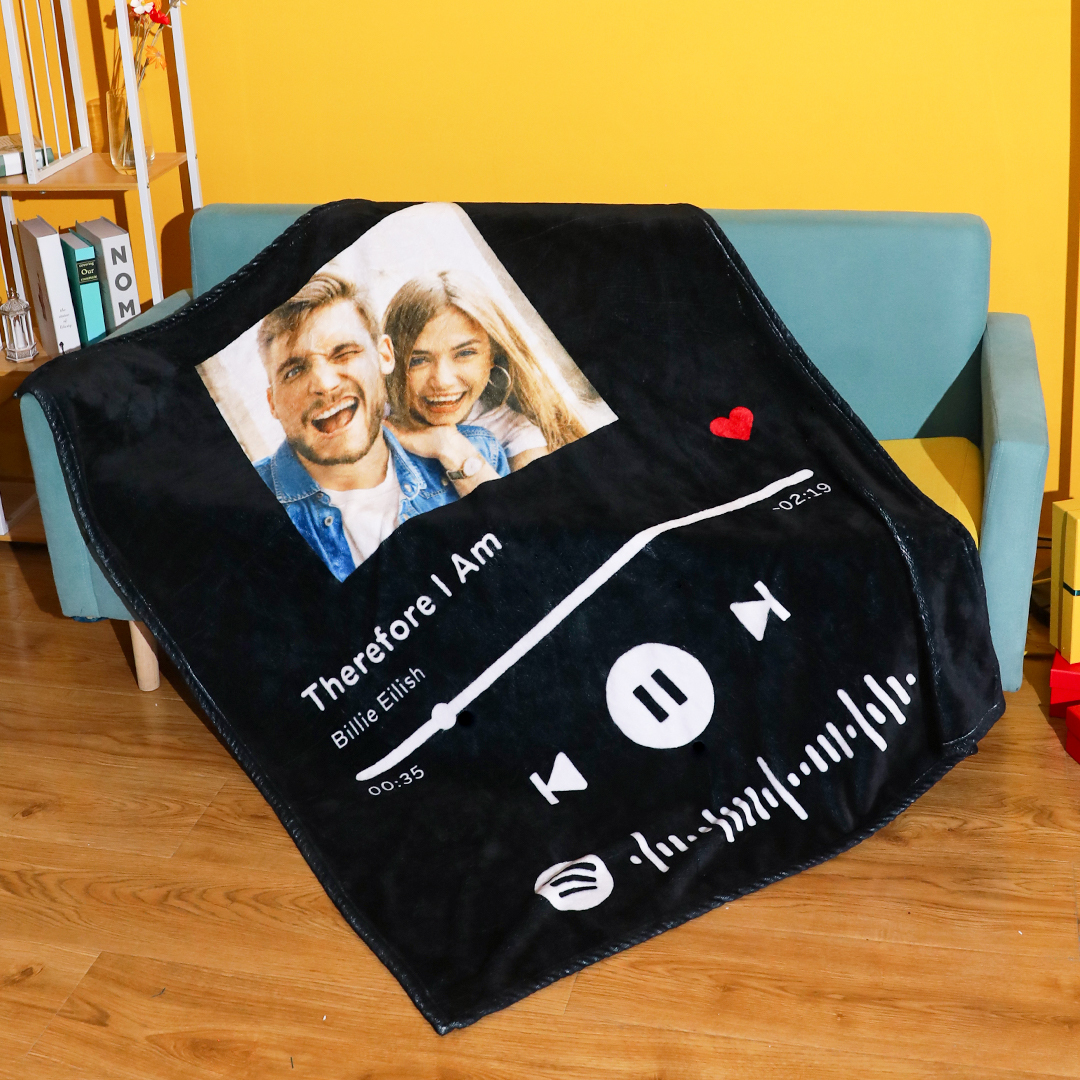 Gift For Her Custom Spotify Code Music Blanket Personalized Photo Fleece Blanket Black