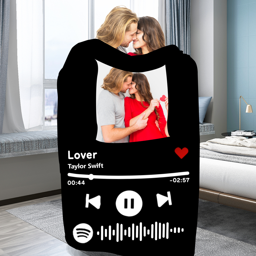Anniversary Gift Custom Spotify Code Music Blanket Personalized Photo Fleece Blanket Black
