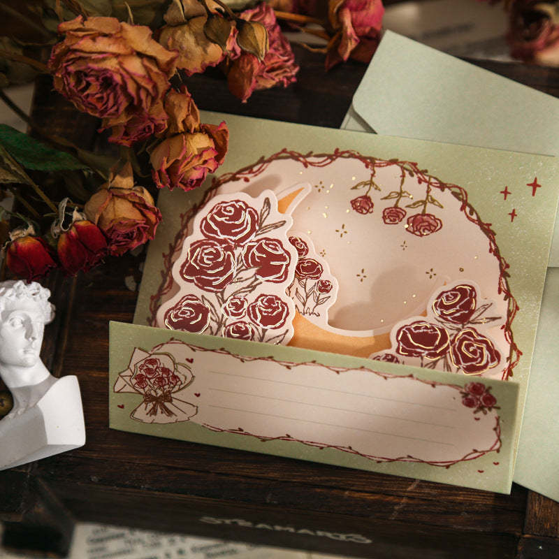 Bronzing Pop-up Greeting Card Green Rose Flower Card Gift for Women