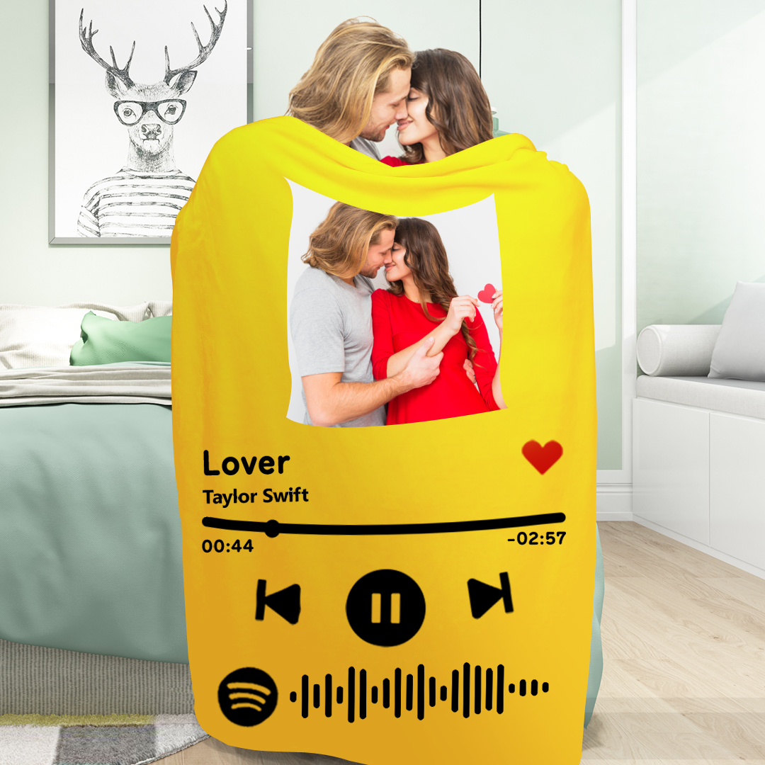 Custom Spotify Code Music Blanket Personalized Photo Fleece Blanket Yellow Anniversary Gift