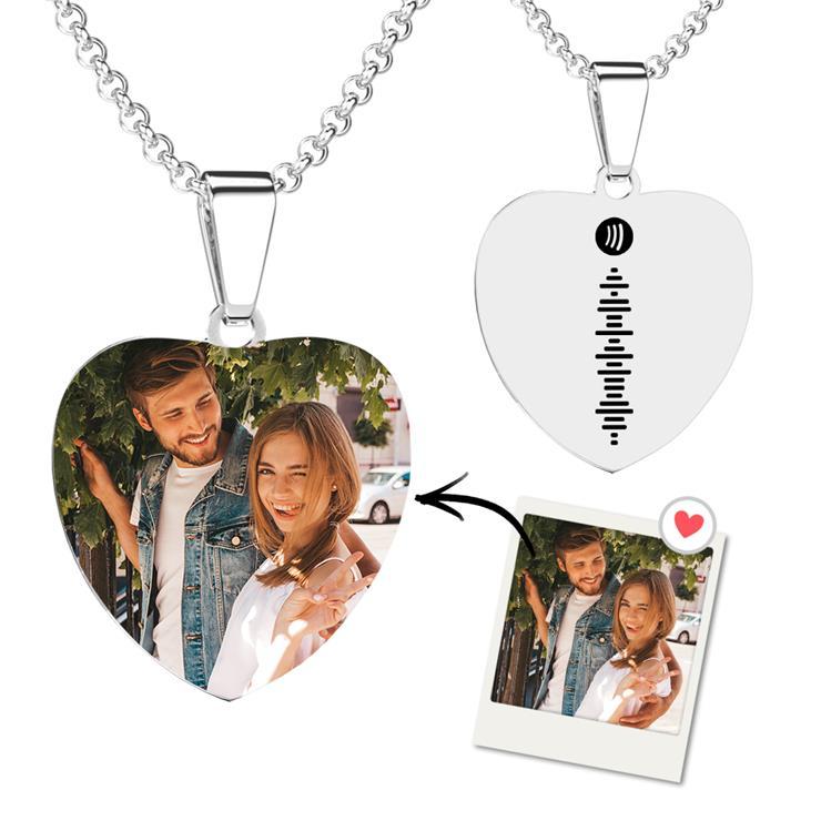 Personalized Music Spotify Scan Code Heart Photo Necklace Stainless Steel Pendant
