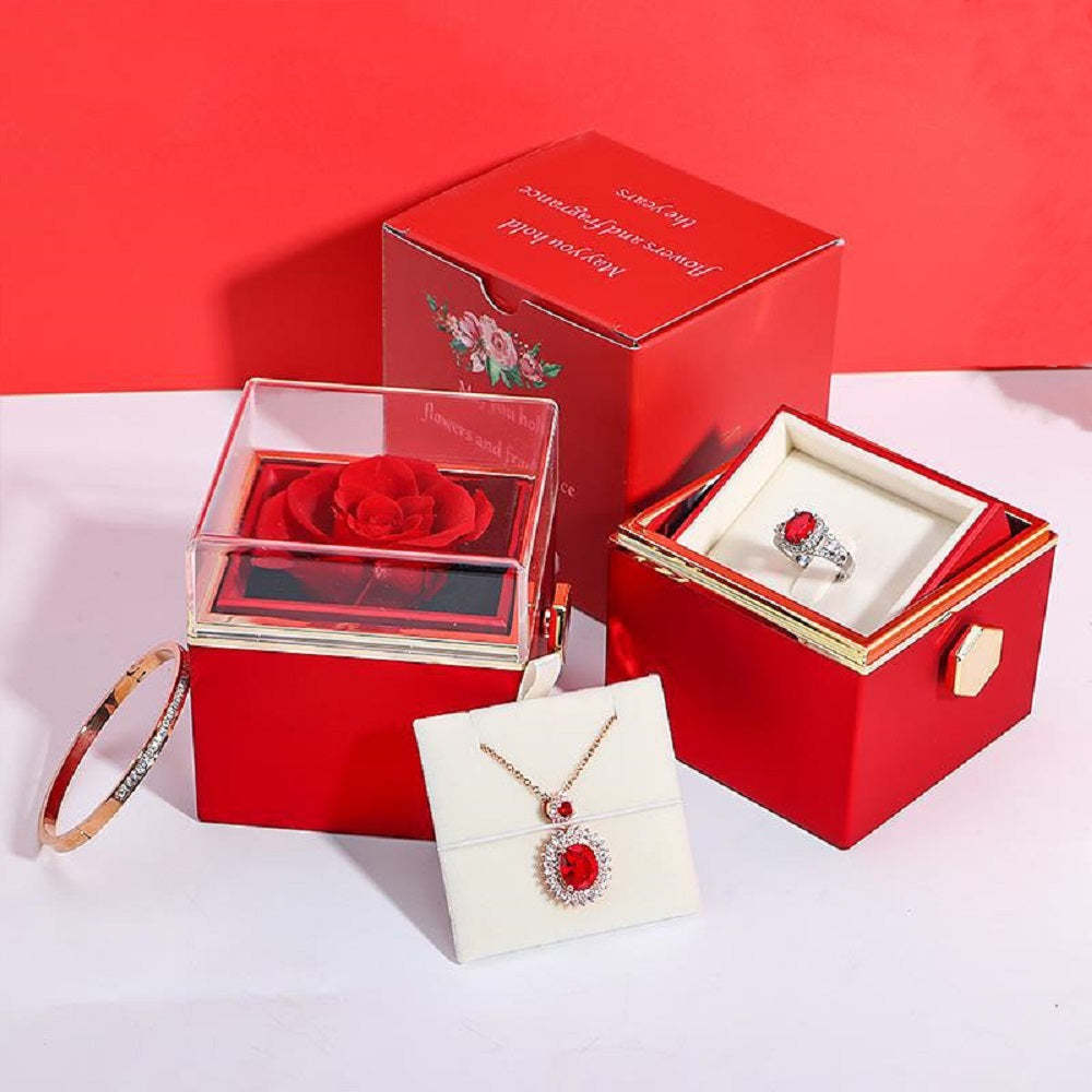 Multicolor Rotating Eternal Flower Box Creative Ring Pendant Jewelry Rose Box Valentine's Day Gift