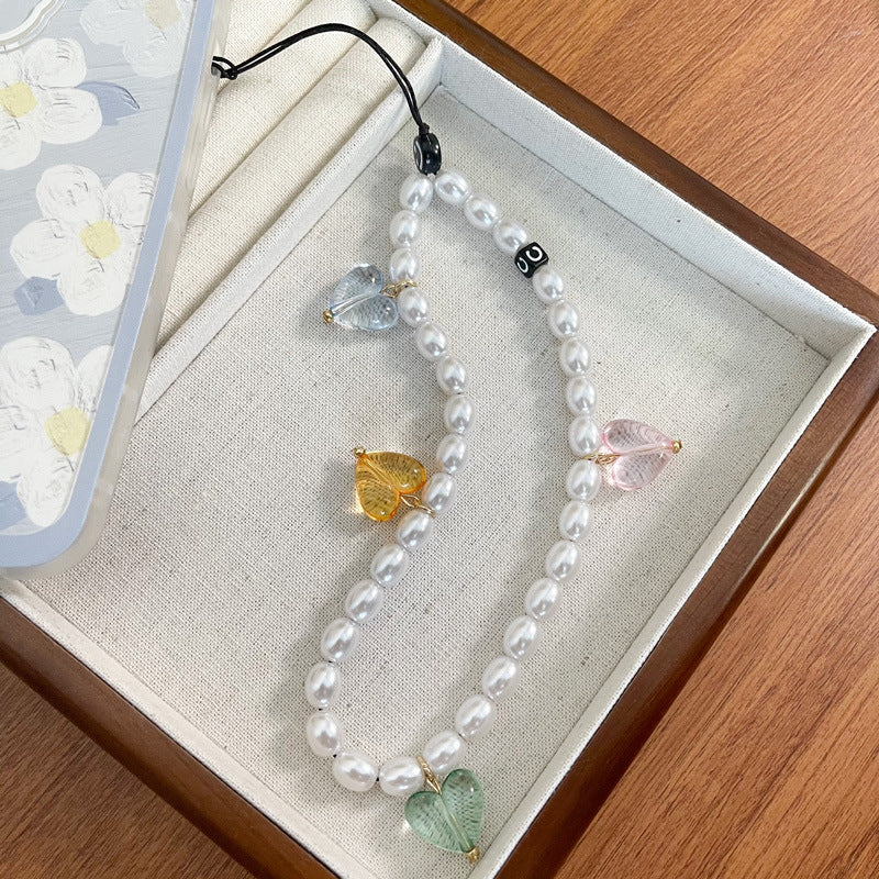 White Pearls Phone Charm with Colorful Heart Beautiful Gift