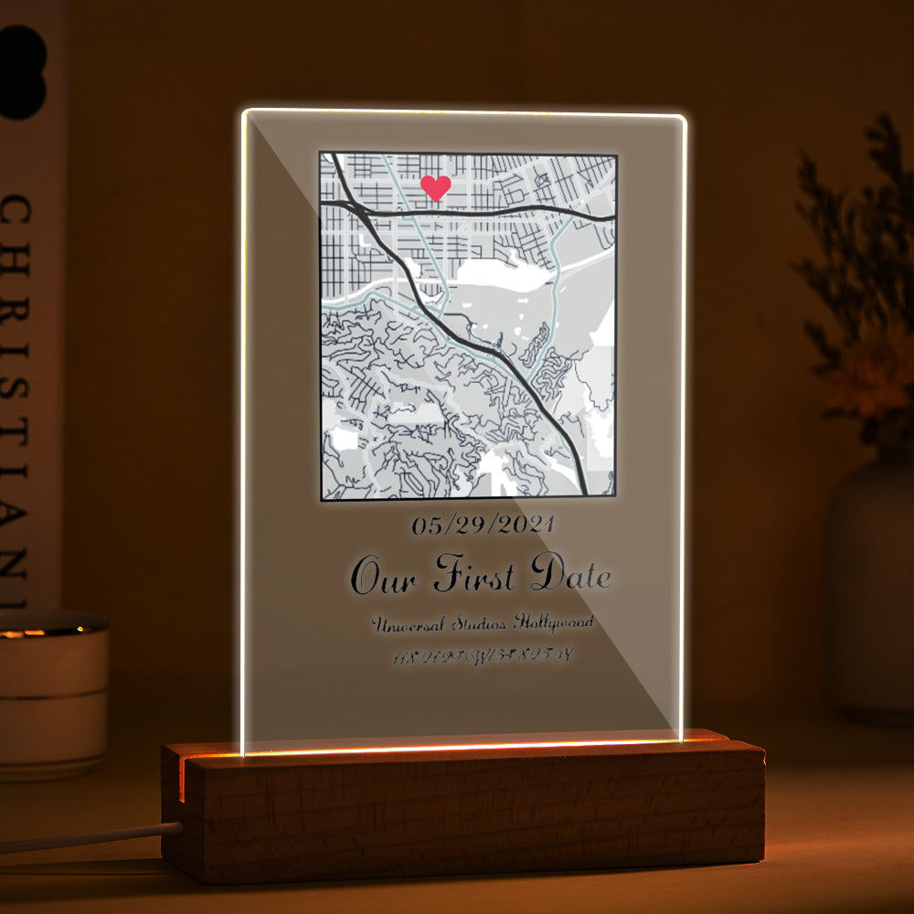 Personalized Acrylic Map Our First Date Night Light with Wood Stand