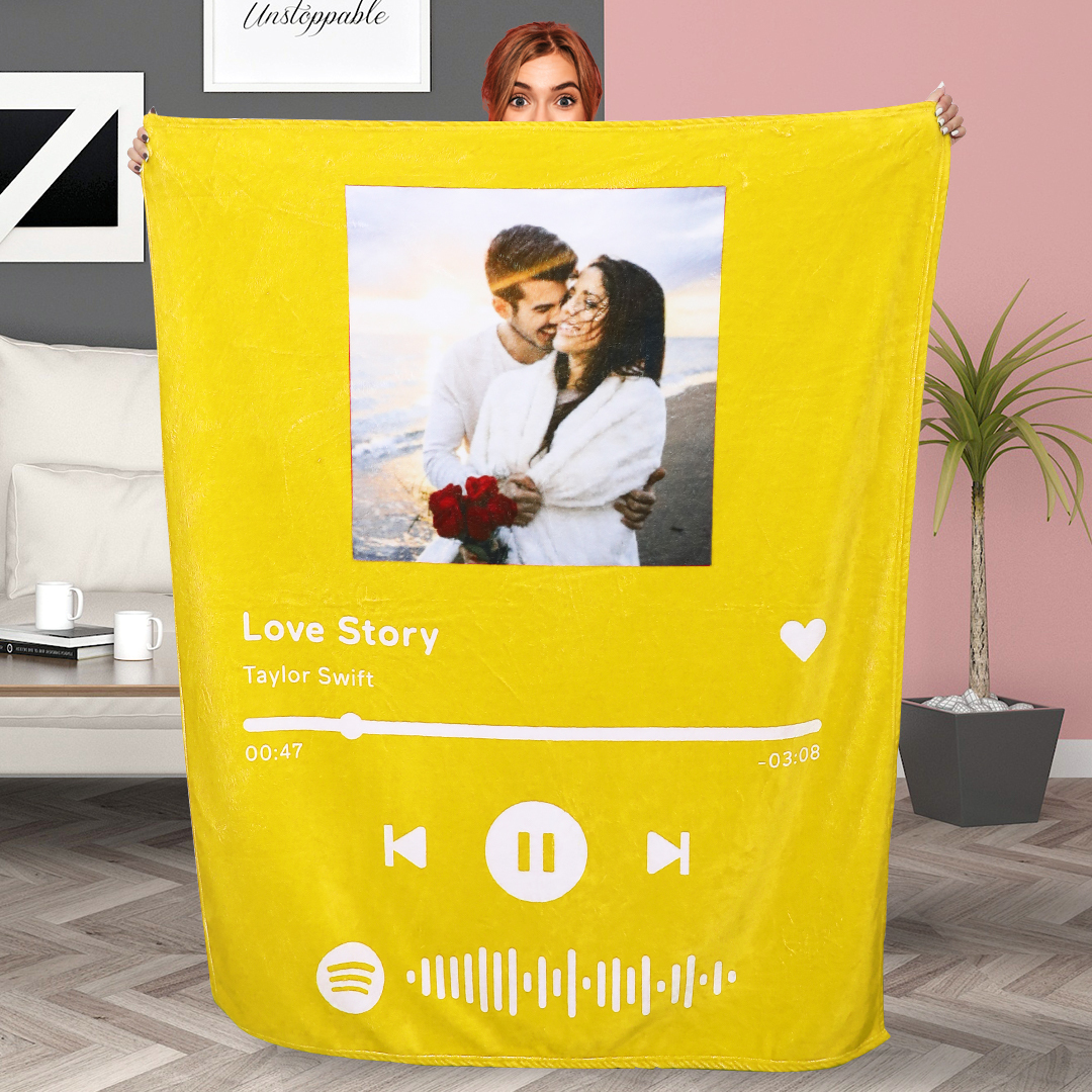 Custom Spotify Code Music Blanket Personalized Photo Fleece Blanket Yellow Gift For Her