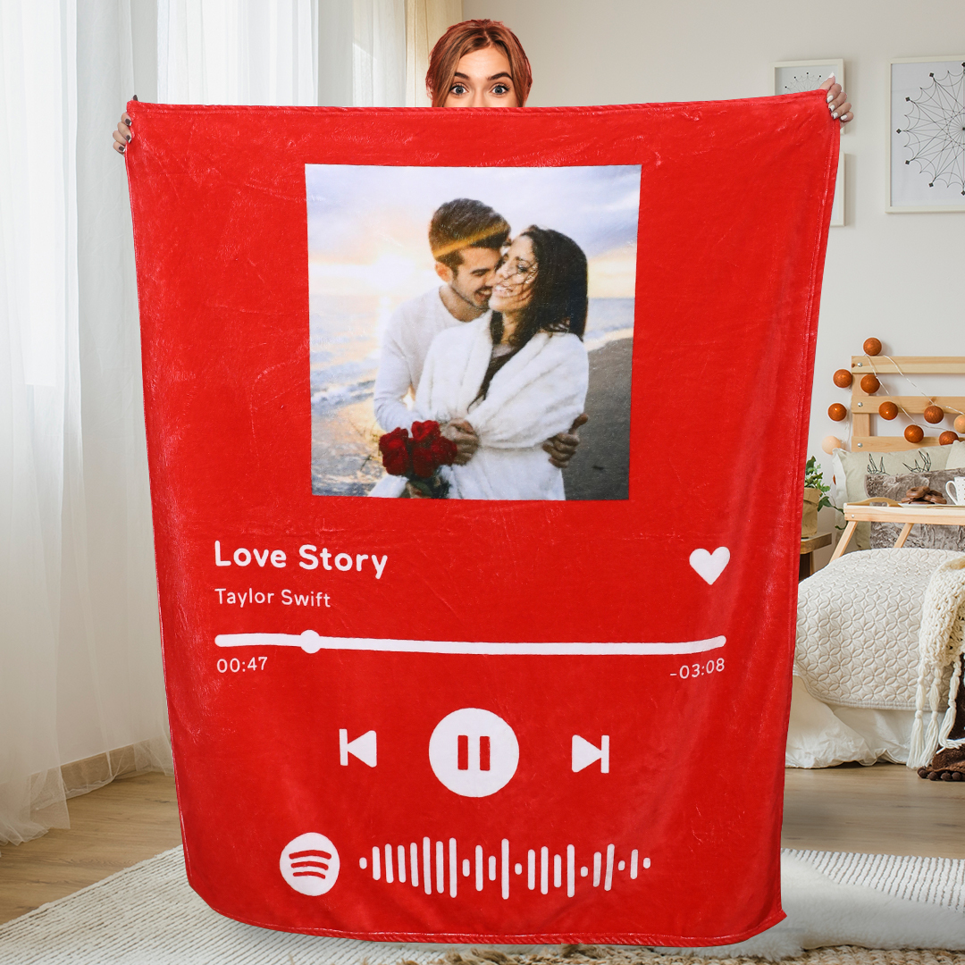Custom Spotify Code Music Blanket Personalized Photo Fleece Blanket Red Gift For Her
