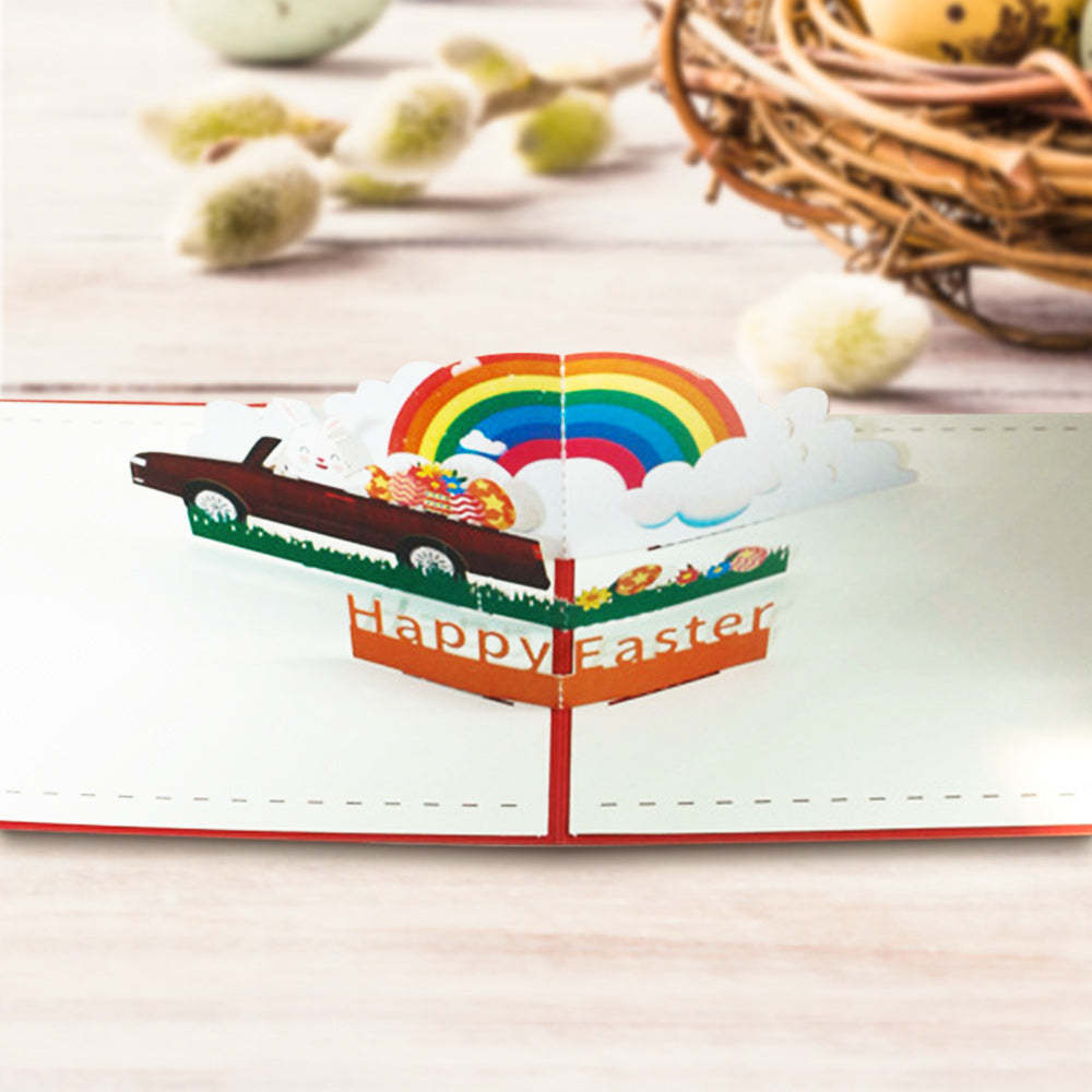 Easter Card Rabbit Sports Car Eggs 3D Pop Up Greeting Card