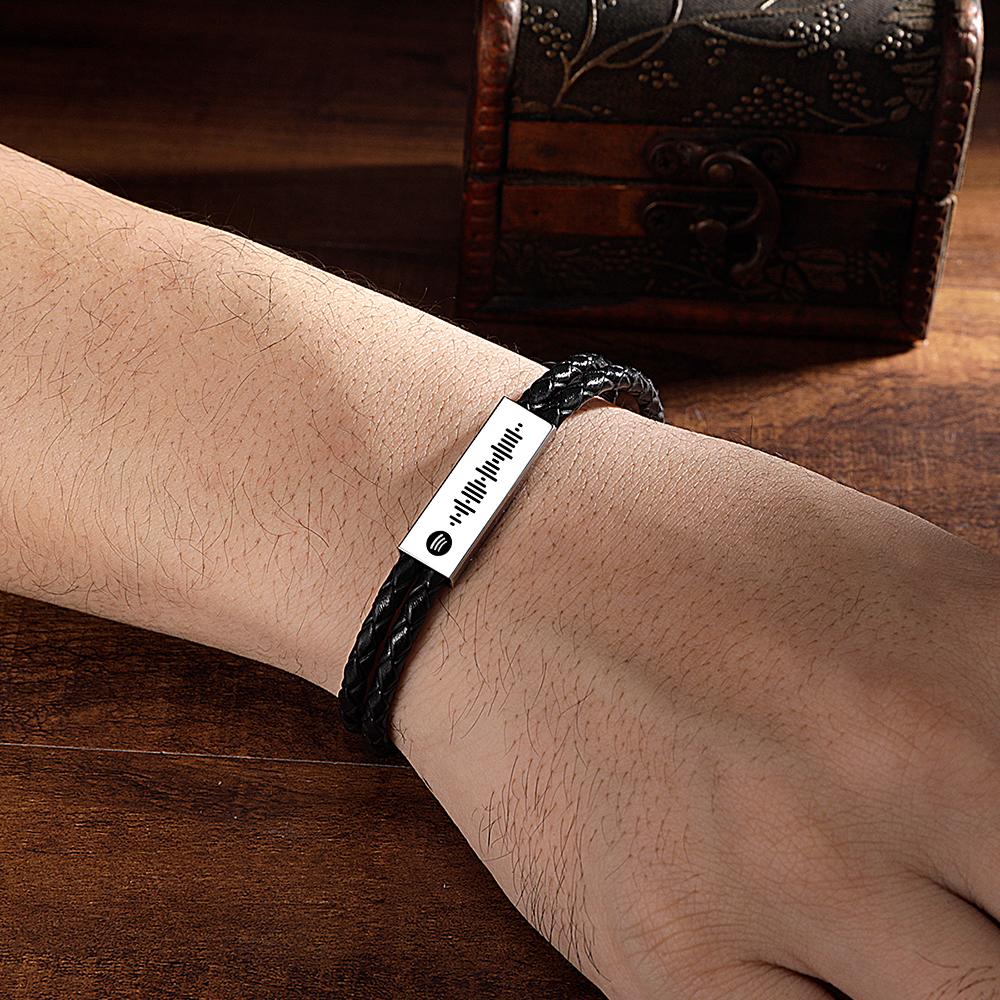 Personalised Man's Black Spotify Code Engraved Bracelet Gift For Him