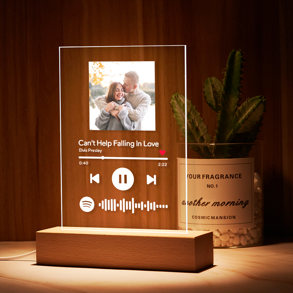 Anniversary Gift for Him Custom Acrylic Spotify Code Music Plaque Night Light With Wooden Base