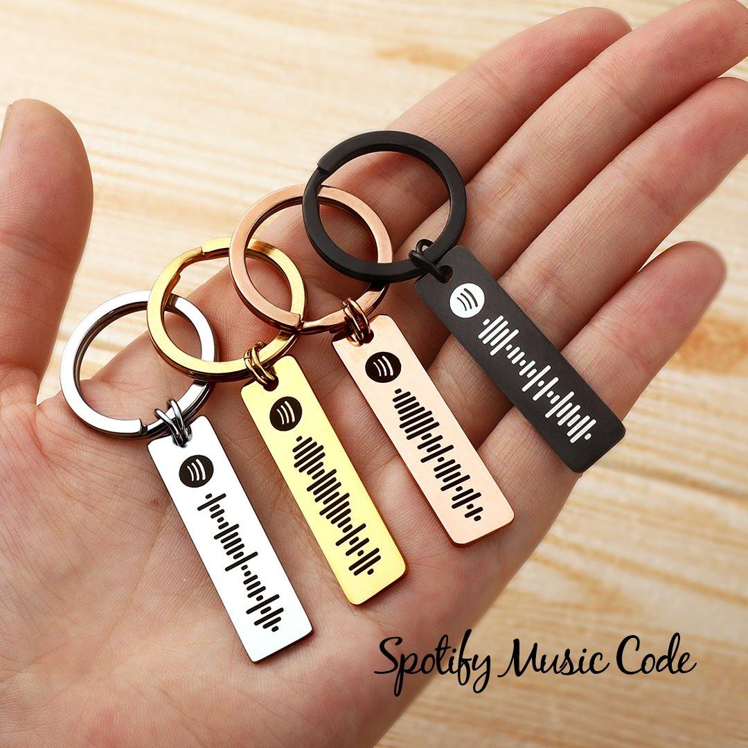 Keychain With Personalized Spotify Code Engraved on Sterling Silver Plate,  Scan and Play Wth Spotify App 