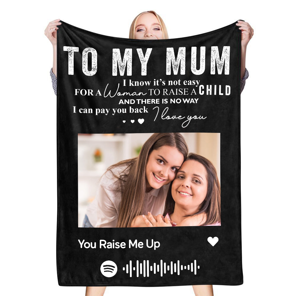 To My Mum Scannable Spotify Music Code Blanket Personalized Photo Blanket Black Blanket Mother's Day Gift