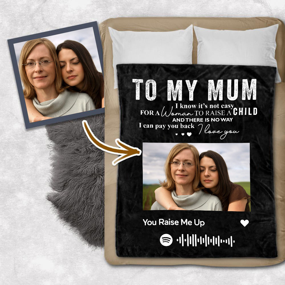 To My Mum Scannable Spotify Music Code Blanket Personalized Photo Blanket Black Blanket Mother's Day Gift
