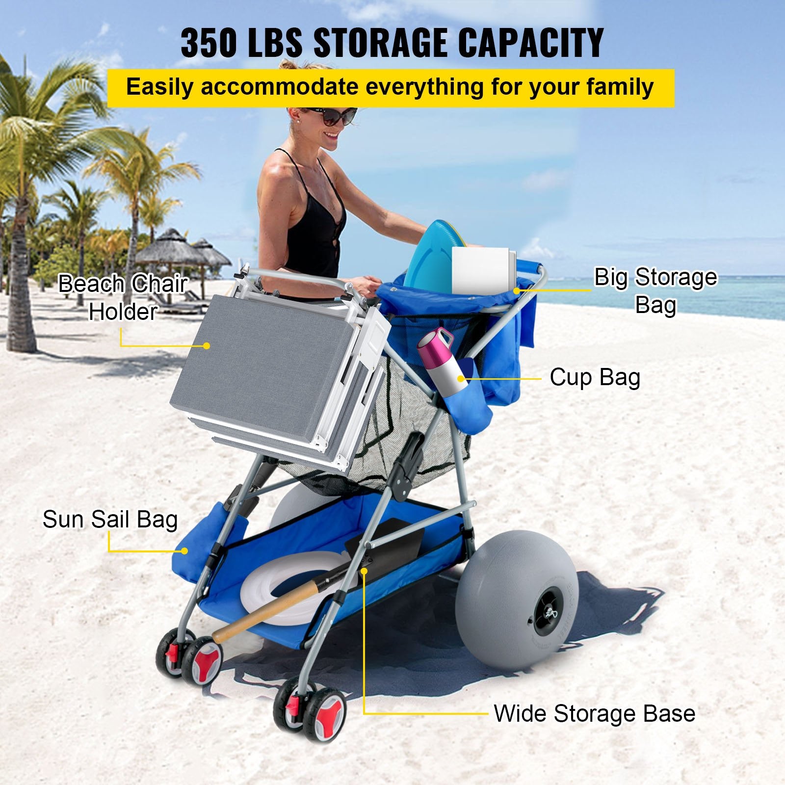 Premium 350LBS Beach Wonder Wheeler Cart W/ AllTerrain Balloon Wheels