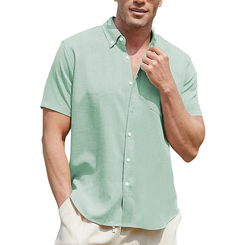 Summer Polo Solid Short Sleeve Button Men's Linen Shirt